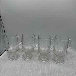 Princess House Heritage Crystal Mug Set of 4 Floral Etch Footed Tea/Coffee Cups